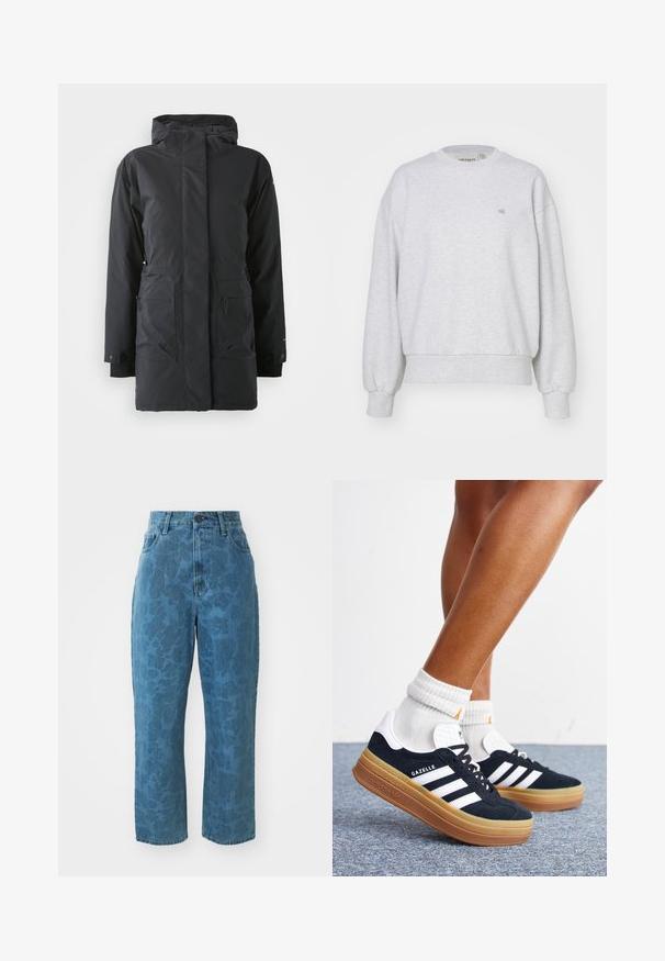 Must have veekindel must parka jakk, millel on lukuga eesmine osa, kõrge krae, kaks esist taskut ja elastsed varrukad. Sile tekstuur, soe isoleeriva disainiga.; Carhartt WIP CASEY - Pusa - ash heather/silver; Heledad sinine teksapüksid, millel on peene mustriga tekstuur, kõrge vöökoht ja sirge lõige. Esiküljel on nupuga ja tõmblukuga sulgemine.; Jalad valgete sokkide ja mustade Adidas Gazelle tossudega, millel on valged triibud ja paksud pruunid tallad, halli vaibaga põrandal.