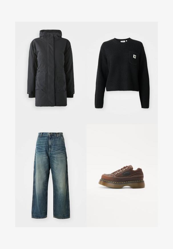 Sort vandtæt parka-jakke med lynlås foran, høj krave, to frontlommer og elastiske manchetter. Glat tekstur, varm isoleringsdesign.; Sort ribbenstrikket sweater med rund hals, lange ærmer og en frontlomme med et lille logo patch. Forkortet længde.; Bredde ben denim jeans i en falmet blå vask. Har en knaplukning, fem lommer og synlige sømme. Materialet har en glat tekstur.; Brune læder platform sneakers med en tekstureret overdel, hvid syning, snørebåndslukning og gul akcent på sålens kant.