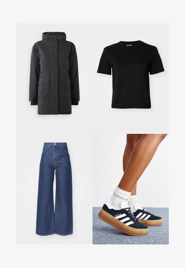 Zwarte waterdichte parka-jas met een rits aan de voorkant, hoge kraag, twee voorzakken en elastische manchetten. Glad textuur, warm isolatiedesign.; Zwart T-shirt van katoen. Korte mouwen en een ronde hals. Heeft een klein, donker logo op de linkerborst. Eenvoudig, klassiek ontwerp.; Wijd-uitlopende jeans van donkerblauwe denim. Hoge taille met een ritssluiting en knoopsluiting. Bevat klassieke vijf-pocket styling en gezoomde randen.; Ben met witte sokken en zwarte Adidas Gazelle sneakers met witte strepen en dikke bruine zolen op een grijs tapijt.