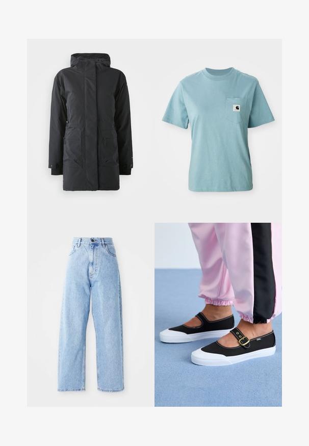 Sort vandtæt parka-jakke med lynlås foran, høj krave, to frontlommer og elastiske manchetter. Glat tekstur, varm isoleringsdesign.; Lyseblå kortærmet bomulds T-shirt med brystlomme og et lille sort-hvidt Carhartt logo patch.; Højhalset lysblå denimjeans med lige vide ben, frontknap, lynlås lukning samt front- og baglommer.; Sorte lærredssko med en hvid sål, der har et udskæringsdesign og et guldspænde. Bæret med lyserøde træningsbukser.