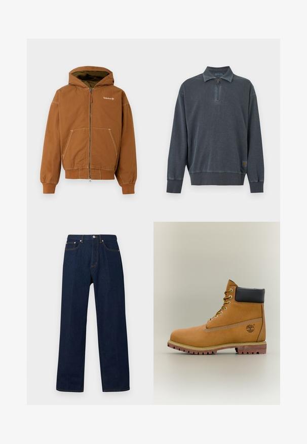 Hnedé zipsové mikina s podšitým kapucňou, prednými vreckami, rebrovanými manžetami a kontrastným šitím. Logo Timberland na hrudi.; Tmavosivý pulóver s dlhým rukávom, polovičným zipsom na golieri a rebrovanými manžetami a lemom, so samostatnou logo nášivkou blízko dolného lemu.; Tmavomodré rifle s rovnými nohavicami, predným zapínaním na gombíky a zips, s piatimi vreckami na jednoduchom pozadí.; Hnedá kožená členková členková obuv s čiernym golierom, žltými šnúrkami a béžovou podrážkou. Má logo a biele prešívanie. Hrubá podrážka s dobrým záberom.