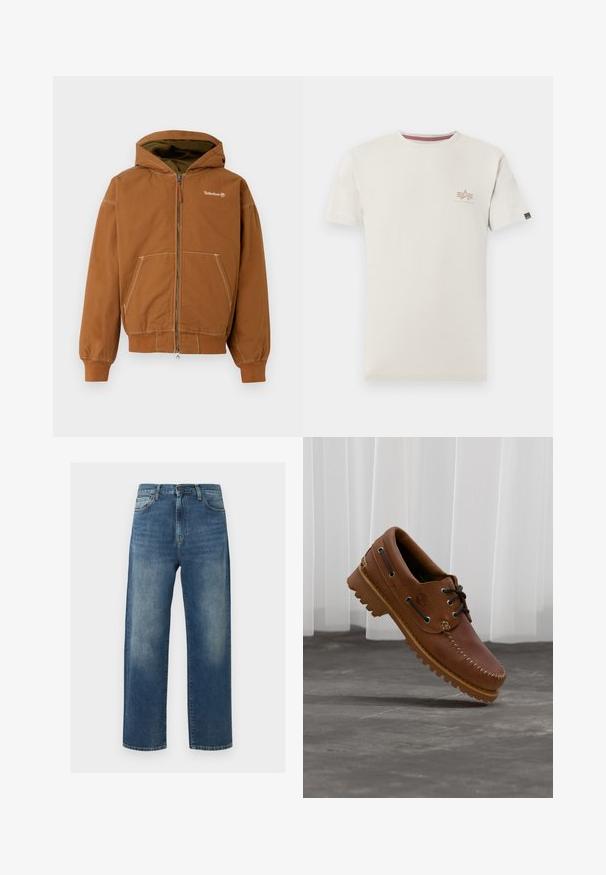Hnedé zipsové mikina s podšitým kapucňou, prednými vreckami, rebrovanými manžetami a kontrastným šitím. Logo Timberland na hrudi.; Béžové tričko s krátkym rukávom s malým logom Alpha Industries na ľavej strane hrudníka a malou čiernou štítkom na ľavom rukáve.; Modré džínsy s rovnými nohavicami, s vyblednutými časťami na stehnách, v štýle s piatimi vreckami a zapínaním na gombík a zips.; Hnedá kožená lodná obuv s čiernymi šnúrkami, béžovým prešívaním a robustnou podrážkou, zavesená nad sivou betónovou podlahou.
