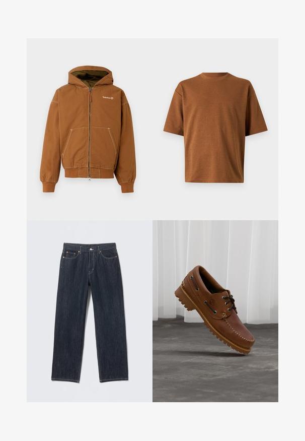 Hnedé zipsové mikina s podšitým kapucňou, prednými vreckami, rebrovanými manžetami a kontrastným šitím. Logo Timberland na hrudi.; Hnedé tričko s krátkym rukávom a okrúhlym výstrihom, voľného strihu a hladkou textúrou látky, zobrazené na jednotnom svetlosivom pozadí.; Tmavomodré džínsy z denimu so strihom na rovno, pútkami na opasok, prednými a zadnými vreckami a kontrastným prešitím. Bez viditeľných vzorov alebo ozdôb.; Hnedá kožená lodná obuv s čiernymi šnúrkami, béžovým prešívaním a robustnou podrážkou, zavesená nad sivou betónovou podlahou.