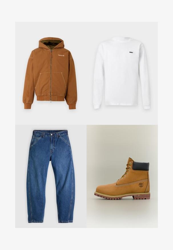 Hnedé zipsové mikina s podšitým kapucňou, prednými vreckami, rebrovanými manžetami a kontrastným šitím. Logo Timberland na hrudi.; Biele tričko s dlhým rukávom a okrúhlym výstrihom s malým čiernym logom "OBEY" na ľavej hornej časti hrudníka, zobrazené na jednoduchom pozadí.; Modré denimové rifle s voľným strihom, vybavené zapínaním na gombíky, piatimi vreckami a kontrastným oranžovým prešívaním. Hladká textúra po celom povrchu.; Hnedá kožená členková členková obuv s čiernym golierom, žltými šnúrkami a béžovou podrážkou. Má logo a biele prešívanie. Hrubá podrážka s dobrým záberom.