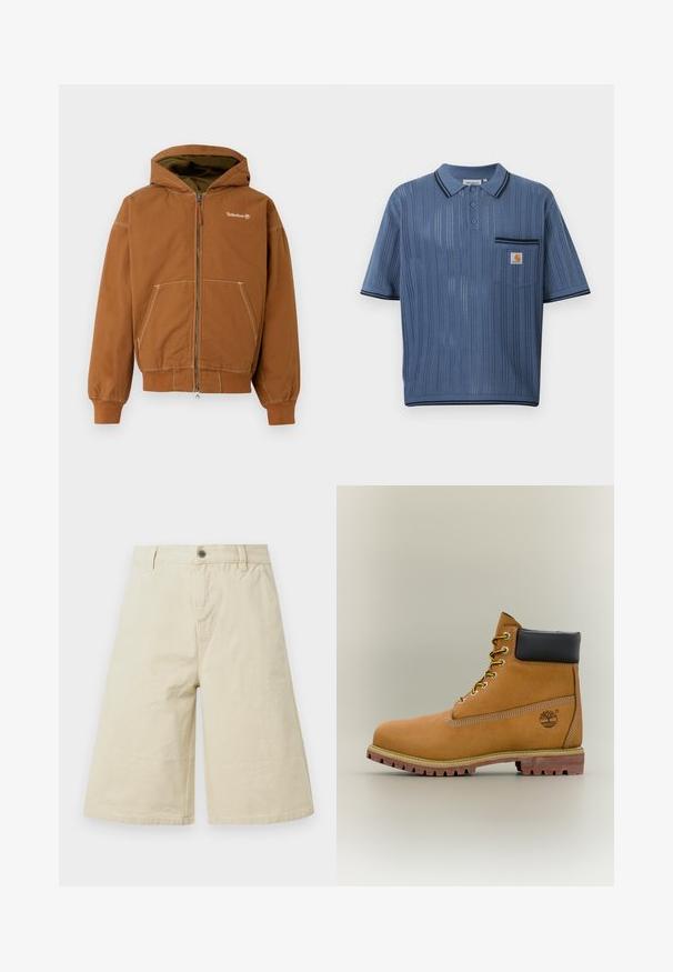 Hnedé zipsové mikina s podšitým kapucňou, prednými vreckami, rebrovanými manžetami a kontrastným šitím. Logo Timberland na hrudi.; Modré pletené polo tričko s vertikálnymi perforovanými pruhmi, trojgombíková légová zapínanie, náprsné vrecko s logom Carhartt a čiernym lemovaním na golieri a rukávoch.; Béžové široké šortky dĺžky po kolená s pútkami na opasok, predným gombíkom, zipsovým zapínaním a bočnými vreckami.; Hnedá kožená členková členková obuv s čiernym golierom, žltými šnúrkami a béžovou podrážkou. Má logo a biele prešívanie. Hrubá podrážka s dobrým záberom.