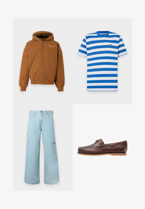 Haut à capuche zippé marron avec une capuche doublée, poches avant, poignets côtelés et coutures contrastées. Logo Timberland sur la poitrine.; T-shirt à manches courtes avec des rayures horizontales bleues et blanches, encolure ronde, tissu en coton doux et un petit logo brodé sur la poitrine.; Jean large bleu clair en denim avec des patches contrastants. Il présente une fermeture à boutons à l'avant et un petit patch logo sur la poche latérale.; Chaussure bateau en cuir marron avec coutures blanches, détails de lacets et semelle en caoutchouc beige, vue de côté sur fond blanc.