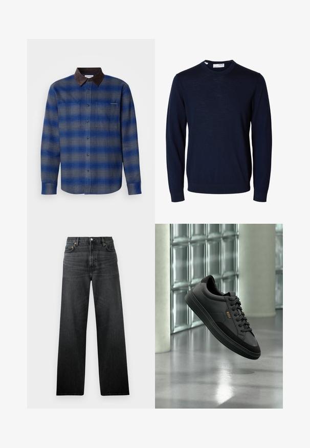 Sinine ja hall ruuduline särk pruuni nahkekraega, pika varrukaga, nööbid ees ja kahe rinna taskuga. Kangas on kergelt tekstuuriga.; Tumesinise värvusega pika varrukaga ümara kaelusega kampsun soonikutega mansettide ja äärega, valmistatud peenest kudumist.; Mustad denim püksid sirge lõikega, viie tasku ja nupuga kinnitusega. Kangas on kergelt läikiv ja nähtava tekstuuriga.; Mustast nahast madala säärega tennisejalanõu mustade paelte ja kuldse "BOSS" logoga, õhus klaasplokkseinaga ja halli põrandaga taustal.