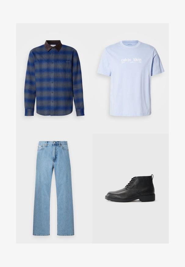 Blå og grå ternet skjorte med en brun ruskindskrave, lange ærmer, knaplukning foran og to brystlommer. Subtil struktur i stoffet.; Lyseblå bomuld T-shirt med rund halsudskæring, med hvidt tekstprint "calvin klein new york city" tværs over brystet. Korte ærmer.; Lyseblå straight-leg jeans i denim med fem-lomme-design og knaplukning i taljen, vist mod en ensfarvet baggrund.; Sorte læderstøvler med en tekstureret finish, rund tå, snørebånd foran og en robust gummisål. Har en lille træksløjfe bagpå.