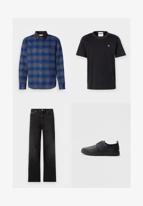 Blå og grå ternet skjorte med en brun ruskindskrave, lange ærmer, knaplukning foran og to brystlommer. Subtil struktur i stoffet.; Sort T-shirt med korte ærmer og rund hals, med lille hvidt "cK"-logo på venstre bryst, klassisk pasform, ensfarvet design.; Sorte jeans med lige ben, fem-lomme design, bæltestropper og knaplukning, vist på en hvid baggrund.; Sorte lædersneakers med en glat finish, rund tå, tonalt syning, snøring foran og en flad gummisål. Løkke ved hælen.