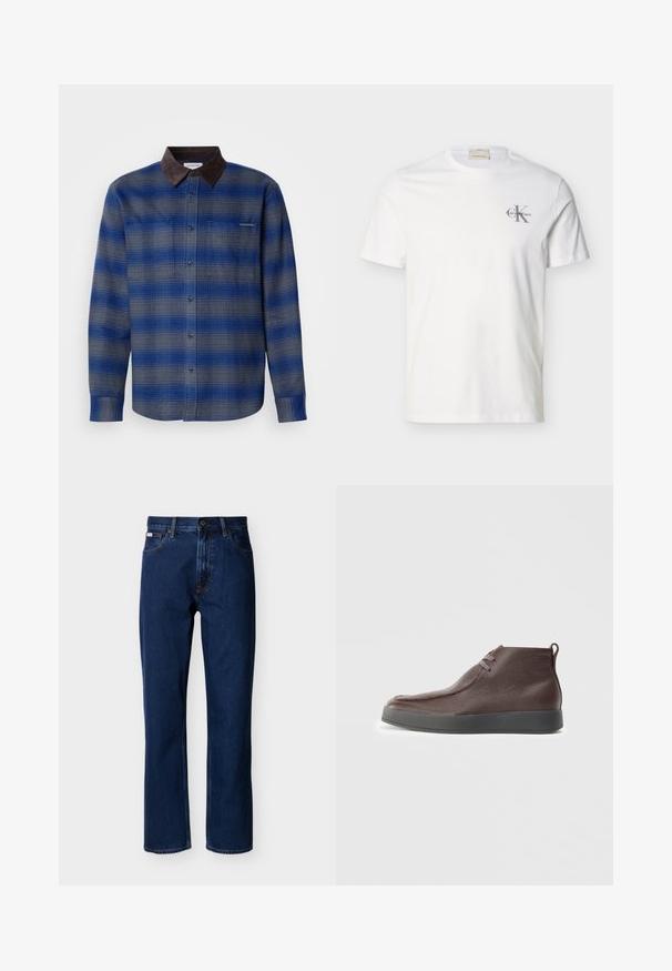 Blå og grå ternet skjorte med en brun ruskindskrave, lange ærmer, knaplukning foran og to brystlommer. Subtil struktur i stoffet.; Hvid kortærmet T-shirt i bomuld med lille gråt "Calvin Klein"-logo på venstre bryst, rund hals og almindelig pasform.; Mørkeblå jeans med lige ben lavet af denim, med et klassisk design med fem lommer, diskrete syninger og lukning foran med knapper.; Brune læder ankelstøvler med en tekstureret overflade, blød afrundet tå og grå gummisål, med to øjer til snørebånd.
