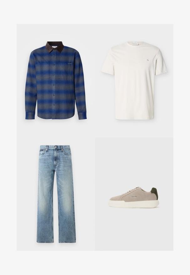 Blau- und grau kariertes Hemd mit einem braunen Wildlederkragen, langen Ärmeln, Knopfverschluss vorne und zwei Brusttaschen. Subtile Textur im Stoff.; Schlichtes weißes T-Shirt mit kurzen Ärmeln, Rundhalsausschnitt und kleinem CK-Logo-Patch auf der linken Brust.; Hellblaue Jeans mit geradem Bein, hohem Bund, fünf Taschen, Knopfverschluss und dezentem Verblassen an Oberschenkeln und Knien.; Beige Wildledersneaker mit einer weißen Gummisohle, die einen dunkelgrünen Akzent an der Ferse und dezente Markenaufschrift an der Seite aufweisen.