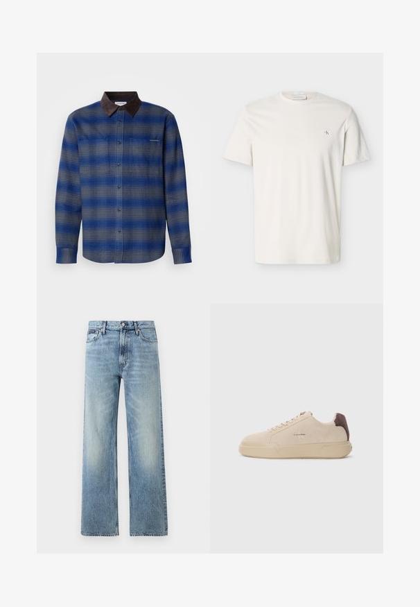 Blå og grå ternet skjorte med en brun ruskindskrave, lange ærmer, knaplukning foran og to brystlommer. Subtil struktur i stoffet.; Ren hvid T-shirt med korte ærmer, rund hals og lille CK-logo på venstre bryst.; Lyseblå denim jeans med lige ben, højt talje, fem lommer, knaplukning og diskrete falmede områder på lår og knæ.; Beige ruskind sneakers med rund tå, snørret foran og en brun ruskindsdetalje på hælen. Har en tekstureret gummisål.