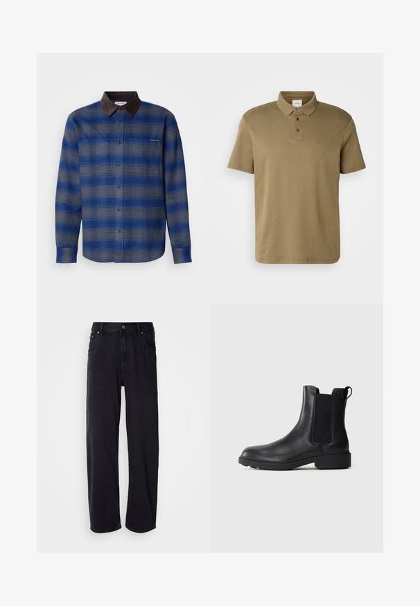 Blauw en grijs geruite shirt met een bruine suede kraag, lange mouwen, knoopsluiting aan de voorkant en twee borstzakken. Subtiele textuur in de stof.; Olijfgroen poloshirt gemaakt van zachte stof, met een klassieke kraag, drie knopen en een klein geborduurd logo op de borst.; Zwarte spijkerbroek met een losse pasvorm, voorzien van een hoge taille, vijf zakken en metalen knopen. De stof heeft een matte textuur.; Zwarte leren enkelboot met elastische zijpanelen, trekhaak op de hiel en een lage blokzool tegen een effen achtergrond.