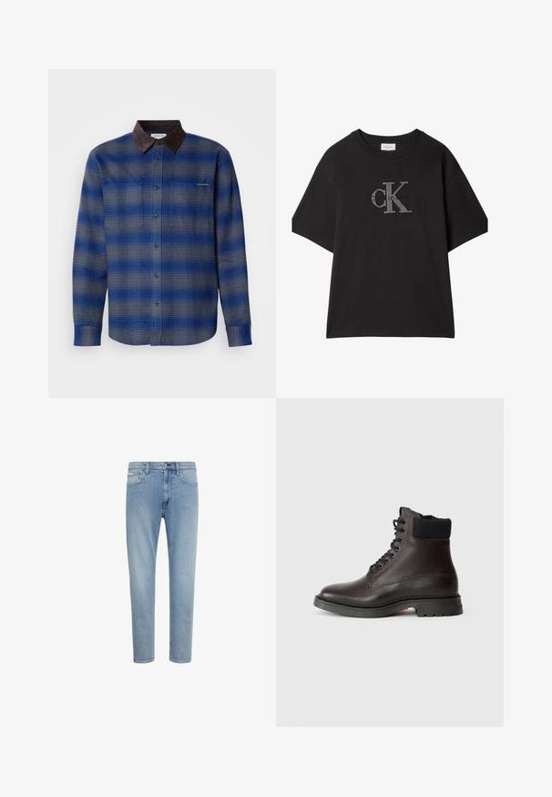 Blau- und grau kariertes Hemd mit einem braunen Wildlederkragen, langen Ärmeln, Knopfverschluss vorne und zwei Brusttaschen. Subtile Textur im Stoff.; Schwarzes Calvin Klein T-Shirt mit kurzen Ärmeln, großem geprägtem "cK"-Logo und kleinerem "Calvin Klein"-Schriftzug, mittig auf der Brust.; Hellblaue Jeans mit geradem Bein, Knopf- und Reißverschluss, Gürtelschlaufen sowie Vorder- und Gesäßtaschen.; Dunkelbrauner Lederknöchelstiefel mit schwarzem gepolstertem Kragen, schwarzen Schnürsenkeln und dicker schwarzer Sohle mit strukturiertem Profil.
