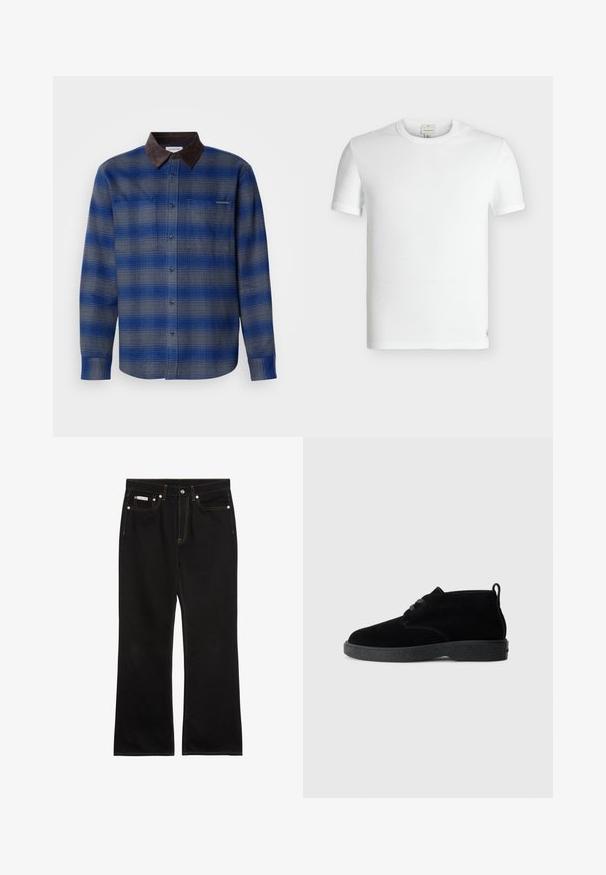 Blauw en grijs geruite shirt met een bruine suede kraag, lange mouwen, knoopsluiting aan de voorkant en twee borstzakken. Subtiele textuur in de stof.; Effen witte korte mouw ribgebreide katoenen T-shirt met ronde hals en een klein genaaid label bij de onderzoom.; Zwarte jeans met rechte pijpen, oranje stiksels, vijf zakken, knoopsluiting en een klein Calvin Klein-label op de voorste rechterzak.; Zwarte suede enkellaarsjes met een ronde neus, vetersluiting, zwarte rubberen zool en een aantreklip aan de achterkant voor gemakkelijk aan- en uittrekken.