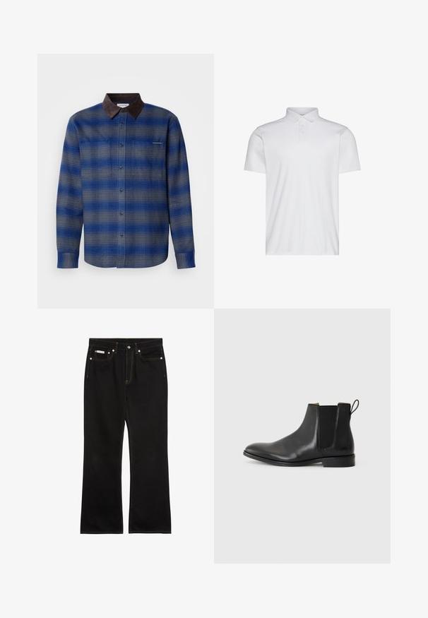 Blå og grå ternet skjorte med en brun ruskindskrave, lange ærmer, knaplukning foran og to brystlommer. Subtil struktur i stoffet.; Hvid kortærmet poloshirt med krave og tre-knaps åbning. Glat tekstur uden synlige mønstre eller detaljer.; Sorte jeans med lige ben, orange syning, fem lommer, knaplukning og et lille Calvin Klein-mærke på den forreste højre lomme.; JOOP! PERO KLEITOS CHELSEA - Støvletter - black