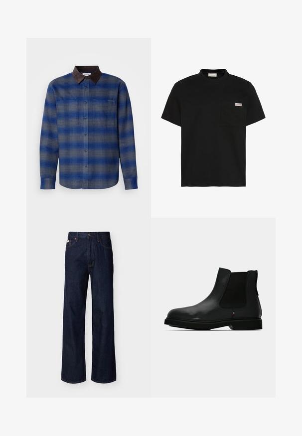 Blau- und grau kariertes Hemd mit einem braunen Wildlederkragen, langen Ärmeln, Knopfverschluss vorne und zwei Brusttaschen. Subtile Textur im Stoff.; Schwarzes T-Shirt mit kurzen Ärmeln und einer Brusttasche auf der linken Seite mit einem kleinen Calvin Klein Logo-Patch.; Dunkelblaue Jeans mit geradem Bein, Fünf-Taschen-Design und Knopfverschluss, auf hellem einfarbigem Hintergrund präsentiert.; Schwarzer Chelsea-Stiefel aus Leder mit elastischen Seitenteilen, rundem Zehenbereich und strukturierter Oberseite. Verfügt über eine flache Gummisohle und dezente Markenakzente.