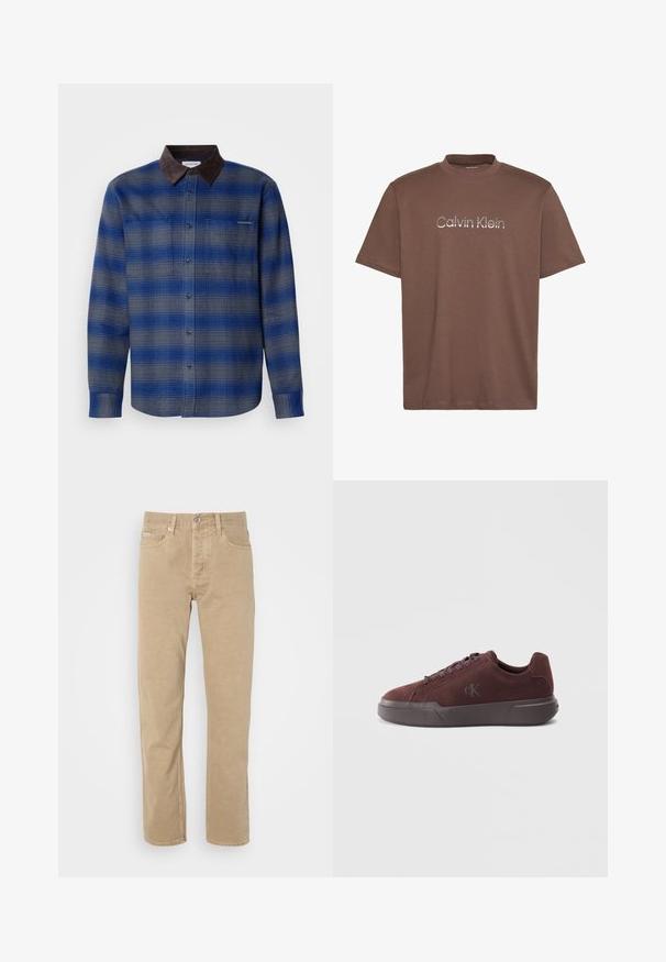 Blau- und grau kariertes Hemd mit einem braunen Wildlederkragen, langen Ärmeln, Knopfverschluss vorne und zwei Brusttaschen. Subtile Textur im Stoff.; Braunes kurzärmliges T-Shirt mit Rundhalsausschnitt und reflektierendem silbernem "Calvin Klein"-Logo mittig auf der Brust.; Beige Baumwollhose mit geradem Bein, ausgestattet mit Fronttaschen, einem Knopfverschluss und dezenten Nähten entlang der Säume.; Burgunderfarbene Wildledersneaker mit Gummisohle, runden Schnürsenkeln und einem dezenten, geprägten Logo an der Seite zur Markenkennzeichnung.