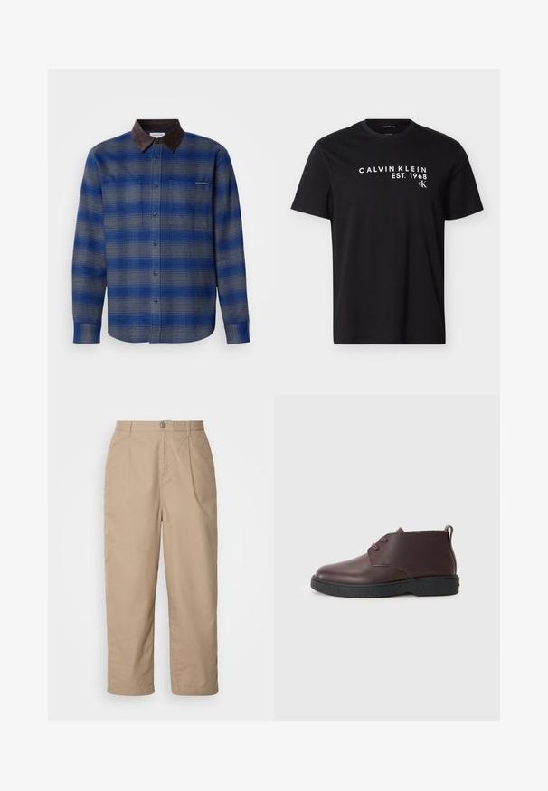 Blau- und grau kariertes Hemd mit einem braunen Wildlederkragen, langen Ärmeln, Knopfverschluss vorne und zwei Brusttaschen. Subtile Textur im Stoff.; Schwarzes T-Shirt mit kurzen Ärmeln und weißem Text "CALVIN KLEIN EST. 1968" sowie kleinem "cK"-Logo auf der Brust.; Beige, leichte Baumwollhosen mit gefaltetem Vorderteil, Knopfverschluss und geradem Bein, die eine glatte Textur und keine sichtbaren Muster aufweisen.; Bordeauxfarbene Leder-Ankle-Boots mit runder Zehenpartie, zwei Ösen für Schnürsenkel, strukturiertem schwarzen Profilsohle und einer Zuglasche an der Ferse.