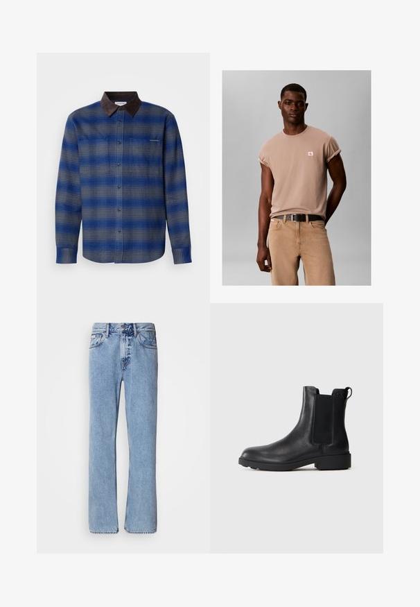 Blauw en grijs geruite shirt met een bruine suede kraag, lange mouwen, knoopsluiting aan de voorkant en twee borstzakken. Subtiele textuur in de stof.; Jonge man die een lichtbruin T-shirt met opgerolde mouwen en een klein Calvin Klein-logo draagt, met een beige broek en een zwarte riem.; Lichtblauwe denim jeans met een recht ontwerp, vijf zakken en een knoopsluiting. Stikdetails nabij de zakken en de tailleband.; Zwarte leren enkelboot met elastische zijpanelen, trekhaak op de hiel en een lage blokzool tegen een effen achtergrond.