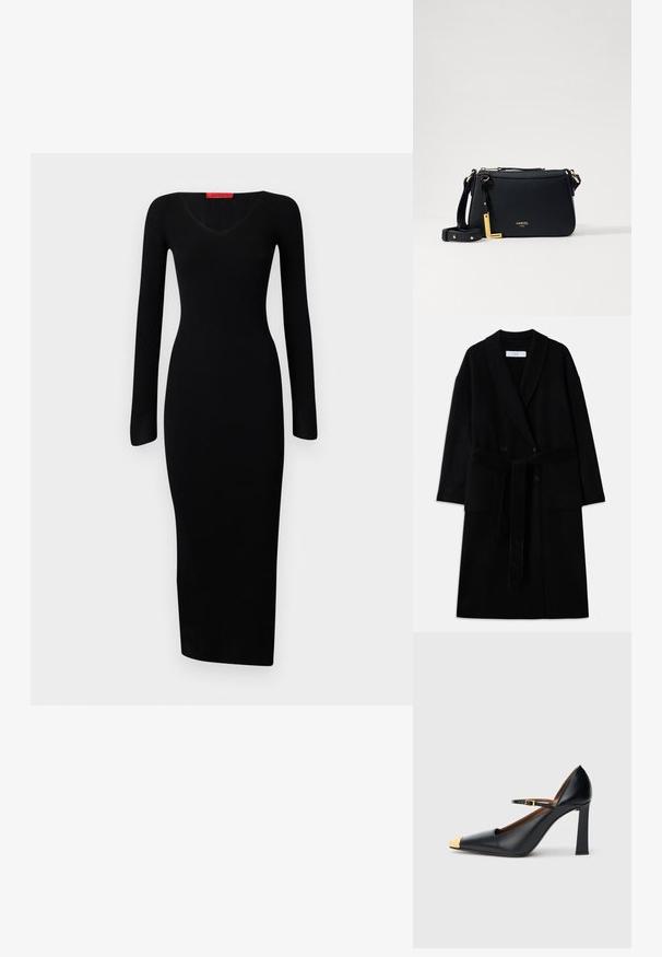 Manteau noir en mélange de laine avec col châle, design à double boutonnage, deux poches avant et une ceinture à nouer. Texture lisse et coupe moderne.; Robe noire côtelée à manches longues avec un décolleté en V et une silhouette ajustée, atteignant une longueur mi-mollet. La texture lisse met en valeur un design épuré.; Escarpin en cuir noir avec une pointe pointue et un embout doré texturé. Il présente un talon bloc épais et une fine bride de cheville avec une boucle.; Lancel MINI FAUBOURG - Sac bandoulière - black
