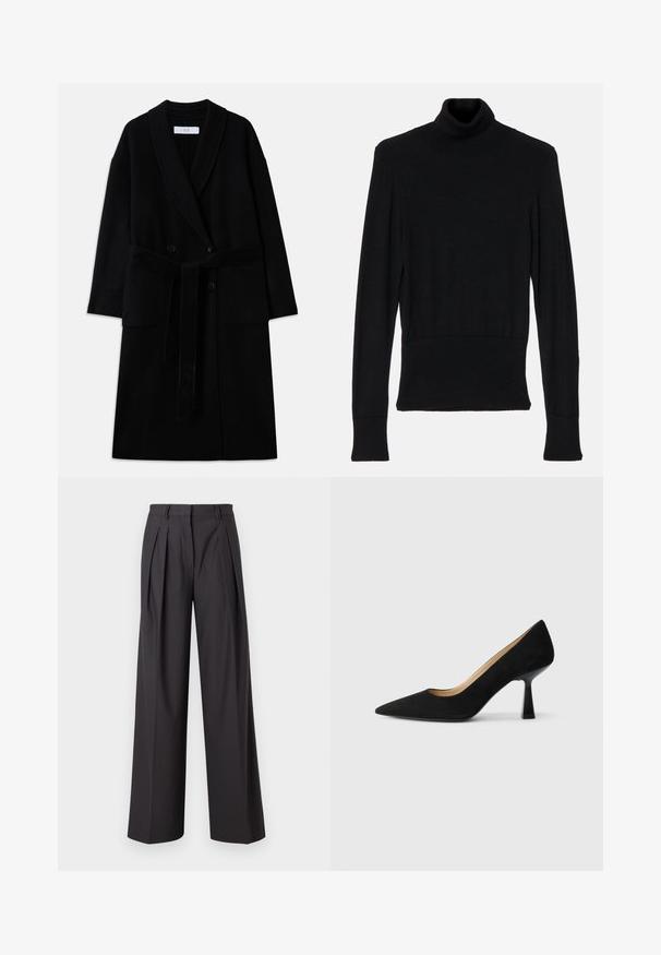 Abrigo negro de mezcla de lana con cuello chal, diseño de doble botonadura, dos bolsillos frontales y un cinturón de la misma tela para anudar. Textura suave y corte moderno.; AERON TENDER LONG SLEEVED - Jersey de punto - black; Pantalones de pierna ancha en tejido gris oscuro, con pliegues frontales, una textura suave, una cintura de tiro medio y presillas para cinturón.; Zapato de tacón alto de ante negro con punta afilada, que cuenta con un tacón de bloque negro brillante y un forro interior suave.