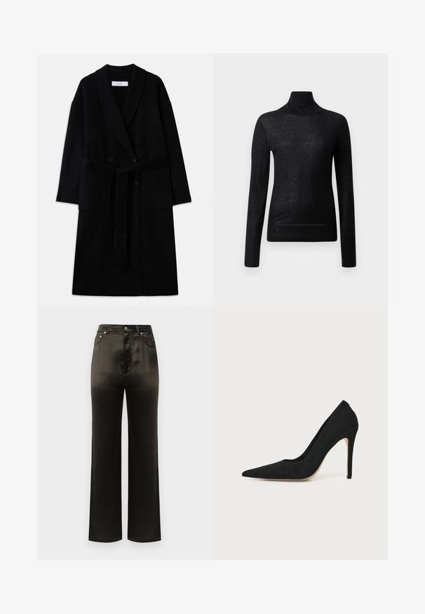Sort uldblandingsfrakke med sjalkrave, dobbeltradet design, to forlommer og bælte med selvbinding. Glat tekstur og moderne snit.; Sort langærmet turtle neck top lavet af letvægtsstof, med en tætsiddende design og minimale sømdetaljer, velegnet til lagdeling.; Bredde ben sorte satinbukser med høj talje, der har forlommer og metalliske knapdetaljer. Glat tekstur og elegant design.; Sort højhælet stiletpump med spids tå og glat tekstur, vist fra siden på en ensfarvet lys baggrund.