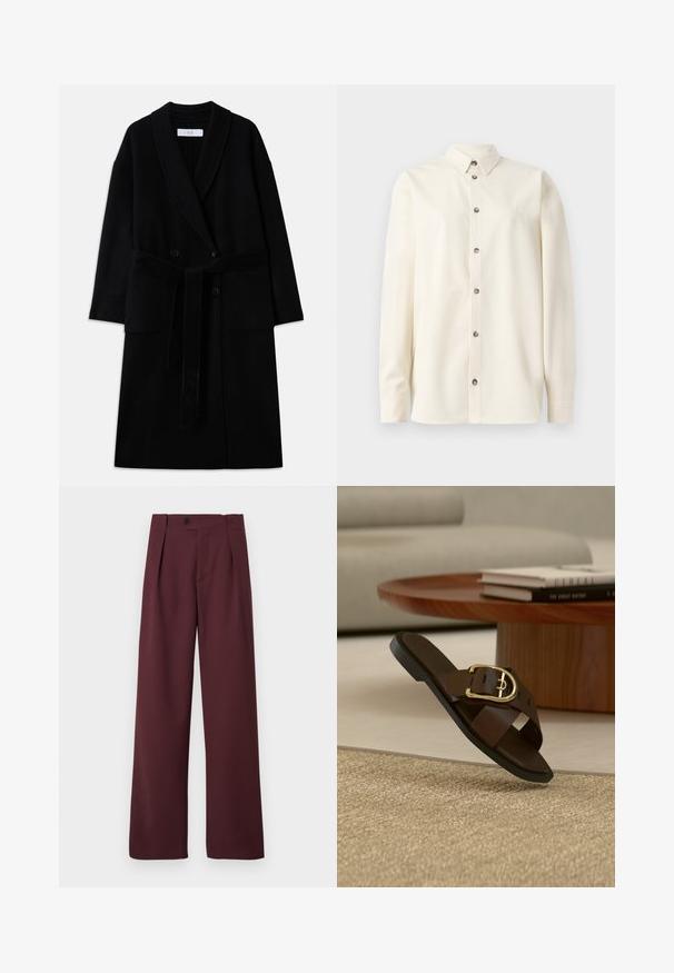 Manteau noir en mélange de laine avec col châle, design à double boutonnage, deux poches avant et une ceinture à nouer. Texture lisse et coupe moderne.; Soulland DAMON SHIRT - Chemisier - white; CLOSED MAWSON - Pantalon classique - dark raisin red; Sandale à enfiler en cuir marron avec boucle dorée sur un tapis beige, table basse en bois et livres en arrière-plan.