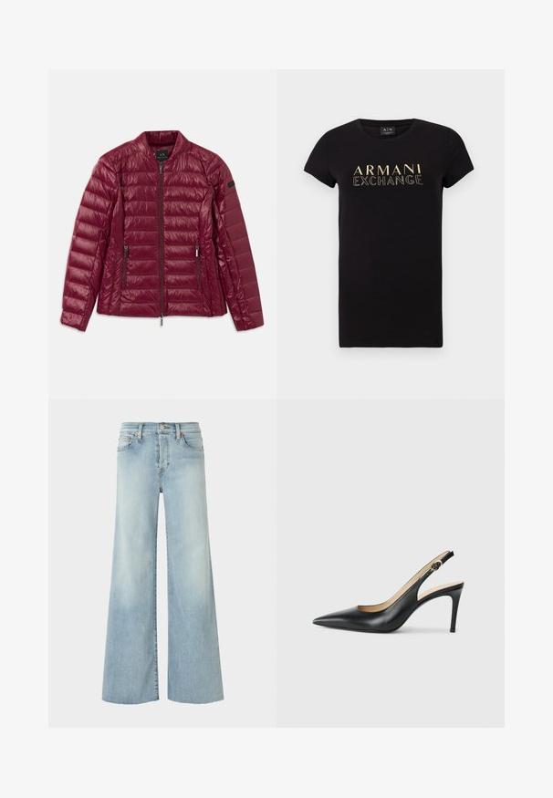 Bordeaux gewatteerde jas met rits, opstaande kraag, twee zijzakken en een gladde, glanzende nylon textuur. Horizontaal gestikt ontwerp.; Zwarte t-shirt met korte mouwen en een ronde hals, voorzien van een gouden "ARMANI EXCHANGE" logo op de voorkant. Van katoen.; RE/DONE MID RISE PALAZZO - Relaxed fit jeans - blue denim; Zwarte leren slingback-hakken met een spitse neus, verstelbare band en een elegante stiletto-hak, met een gladde afwerking.