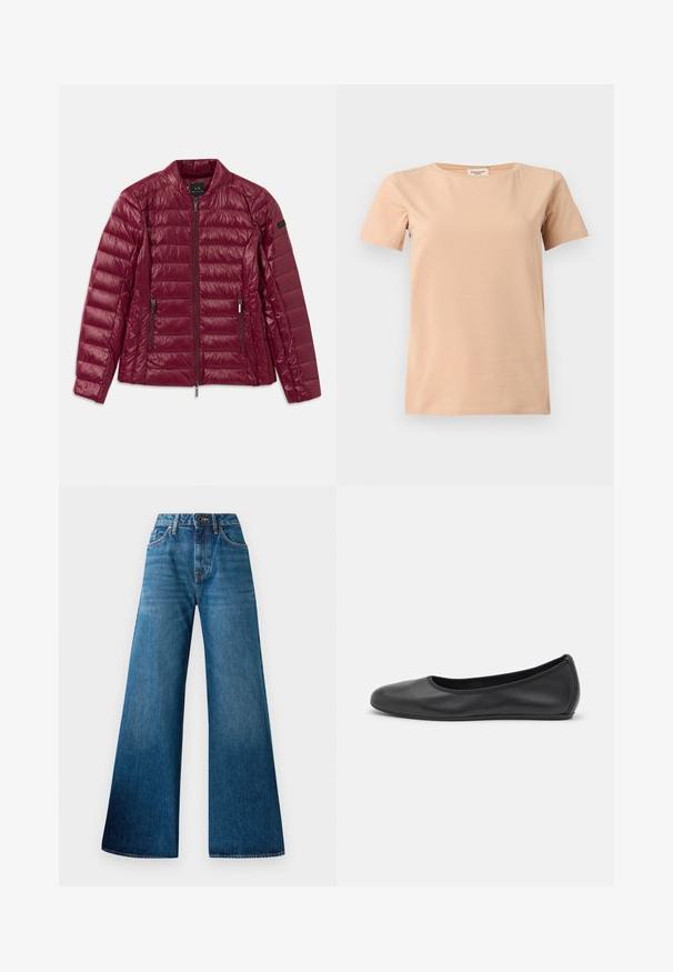 Veste matelassée bordeaux avec fermeture éclair à l'avant, col montant, deux poches latérales et texture en nylon lisse et brillante. Design matelassé horizontal.; T-shirt beige manches courtes avec col rond et ourlet droit sur un fond uni gris clair.; Jeans large en denim bleu avec taille haute, léger délavage, design classique à cinq poches et fermeture à bouton à l'avant.; Ballerines en cuir noir avec un bout rond, texture lisse, détails de couture minimalistes et design de semelle flexible.