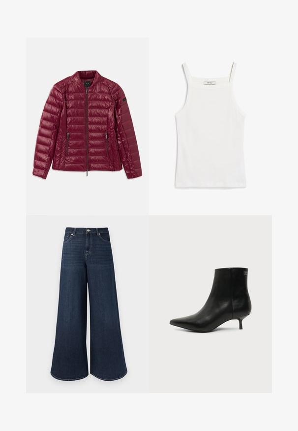 Veste matelassée bordeaux avec fermeture éclair à l'avant, col montant, deux poches latérales et texture en nylon lisse et brillante. Design matelassé horizontal.; Débardeur blanc à fines bretelles, en tissu de coton côtelé, avec un décolleté droit et une finition soignée à l'ourlet.; Jean en denim foncé à jambes larges avec une taille haute, présentant des détails cousus, une fermeture à boutons et un design classique à cinq poches.; Bottine en cuir noir avec bout pointu et petit talon kitten sur fond clair, vue côté extérieur.