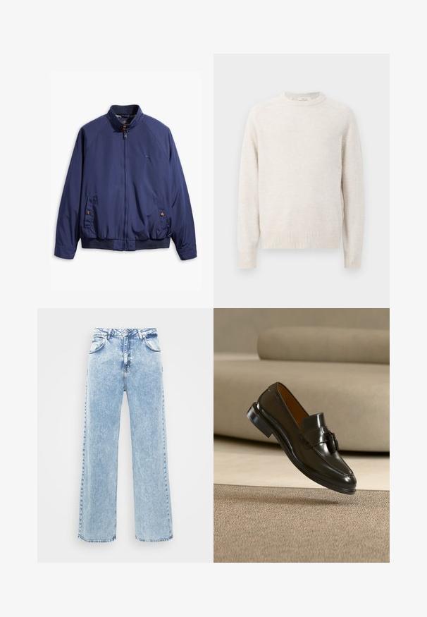 Marineblaue Jacke mit einem Reißverschluss vorne, Stehkragen und elastischen Bündchen. Verfügt über zwei seitliche Taschen mit Knopfverschluss und ein kariertes Futter.; Cremefarbener Pullover mit rundem Ausschnitt, gerippten Bündchen und Saum. Weiche Textur mit einem einfachen, klaren Design und Raglanärmeln.; Helle blaue Denim-Jeans mit weitem Bein, fünf Taschen und einer Knopfleiste. Die Jeans weist dezente Waschungen und kontrastierende Nähte auf.; Schwarzer Ledertasselloafer, der über einem beigen Teppich schwebt, im Hintergrund ein beiges Sofa.