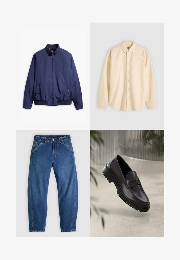 Chaqueta azul marino con cierre frontal, cuello alzado y puños elásticos. Cuenta con dos bolsillos laterales con cierre de botón y un forro a cuadros.; Camisa beige de manga larga con botones y cuello, mostrada plana con los botones abrochados y los puños cerrados sobre un fondo claro.; Vaqueros de mezclilla azul con un ajuste holgado, cuentan con cierre de botones, cinco bolsillos y costuras en contraste de color naranja. Textura suave en toda la prenda.; Mocasines de cuero marrón con una suela de goma texturizada y estriada. Presentan un diseño elegante y una correa decorativa sobre el empeine.