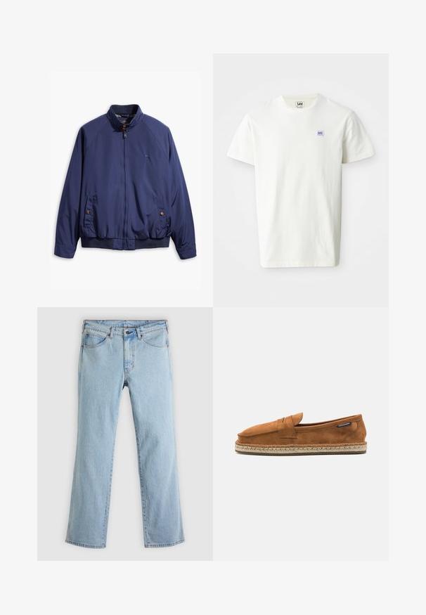 Marineblauwe jas met een rits aan de voorkant, staande kraag en elastische manchetten. Heeft twee zijzakken met knoopsluitingen en een geruite voering.; Witte katoenen T-shirt met een ronde hals en korte mouwen. Toont een klein rechthoekig paars en blauw Lee-logo op de linkerborst.; Lichtblauwe spijkerbroek met rechte pijpen, voorzien van vijf zakken, taillebandlussen en contrasterende stiksels.; Bruine suède instapper met een ronde neus, voorzien van een geweven jute zool en een kleine accentband over de voorkant.