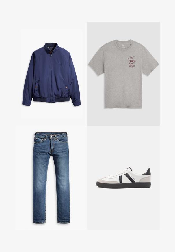 Chaqueta azul marino con cierre frontal, cuello alzado y puños elásticos. Cuenta con dos bolsillos laterales con cierre de botón y un forro a cuadros.; Camiseta de cuello redondo gris claro con un pequeño gráfico marrón de una tostadora bajo un paraguas y el texto "Manteniendo los bollos calientes desde 1873" en el pecho izquierdo.; Vaqueros de mezclilla azul con un diseño de pierna recta, estilo clásico de cinco bolsillos, ligeros desgastes y acentos de costura a lo largo de las costuras.; Zapatilla blanca con acentos en negro y gris, que presenta una puntera texturizada en gris, suela de goma negra y cordones planos blancos. Diseño limpio, estilo minimalista.
