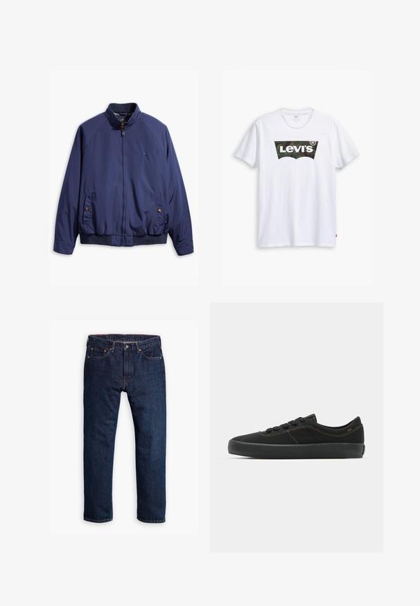 Mørkeblå jakke med lynlås foran, ståkrave og elastiske manchetter. Har to sidelommer med knaplukninger og en ternet foring.; Hvid bomuld t-shirt med et camouflage Levi's logo i sort og grønt i midten, med rund hals og korte ærmer.; Person iført mørkeblå straight-leg jeans, hvide sneakers og en olivengrøn sweatshirt, hænder i lommerne, står mod en grå baggrund.; Sort sneaker med en glat tekstiloverdel, kontrasterende brune syninger, rund tå, snørebåndslukning og en tyk gummi-sål for bedre traction.