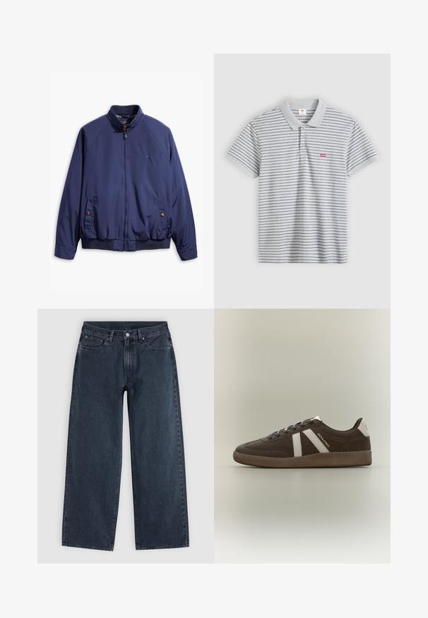 Chaqueta azul marino con cierre frontal, cuello alzado y puños elásticos. Cuenta con dos bolsillos laterales con cierre de botón y un forro a cuadros.; Polo gris con rayas horizontales en gris oscuro, mangas cortas y cuello acanalado. Presenta un pequeño logo rojo de Levi's en el pecho.; Vaqueros de pernera ancha de color azul oscuro con cinco bolsillos, presillas para cinturón, cierre de botón y cremallera, mostrados extendidos sobre un fondo claro.; Zapatilla deportiva de ante marrón con rayas blancas, talón blanco, suela de goma y el texto "JACK & JONES" en el lateral, mostrada de perfil sobre un fondo liso.
