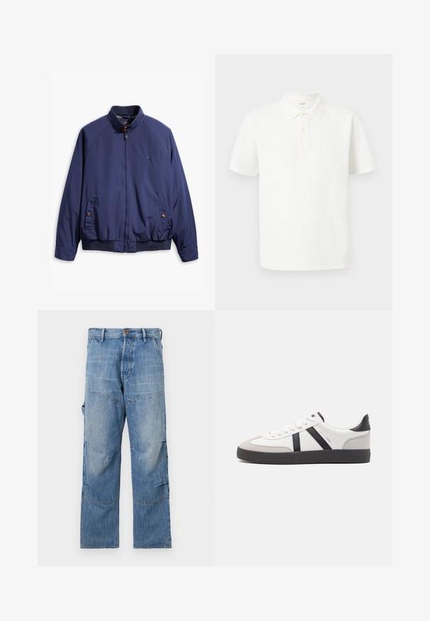 Chaqueta azul marino con cierre frontal, cuello alzado y puños elásticos. Cuenta con dos bolsillos laterales con cierre de botón y un forro a cuadros.; Camisa polo blanca de algodón con cuello clásico, mangas cortas, tapeta de dos botones y una sutil textura en la tela.; Pantalones de mezclilla azul claro con piernas anchas, áreas desteñidas y costuras de patchwork. Presentan un cierre frontal con botón y cremallera, además de bolsillos laterales.; Zapatilla blanca con acentos en negro y gris, que presenta una puntera texturizada en gris, suela de goma negra y cordones planos blancos. Diseño limpio, estilo minimalista.