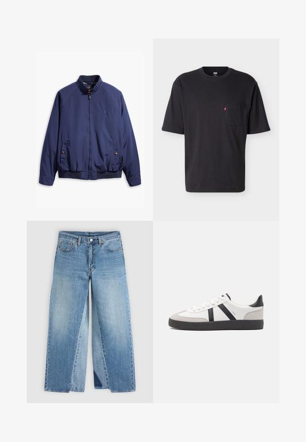 Marineblauwe jas met een rits aan de voorkant, staande kraag en elastische manchetten. Heeft twee zijzakken met knoopsluitingen en een geruite voering.; Zwart T-shirt met korte mouwen en ronde hals, voorzien van een borstzakje met een klein rood Levi's logo tabje op het zakje, tegen een effen lichte achtergrond.; Blauwe spijkerbroek met rechte pijpen, klassiek ontwerp met vijf zakken en een knoopsluiting aan de voorkant, plat weergegeven op een neutrale achtergrond.; Witte sneaker met zwarte en grijze accenten, voorzien van een grijze neus met textuur, zwarte rubberen zool en platte witte veters. Schoon ontwerp, minimalistische stijl.