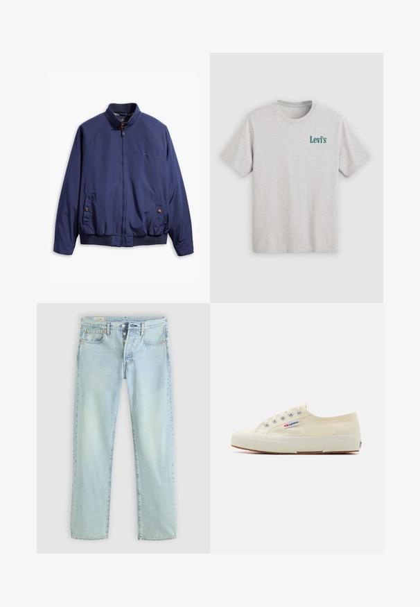 Chaqueta azul marino con cierre frontal, cuello alzado y puños elásticos. Cuenta con dos bolsillos laterales con cierre de botón y un forro a cuadros.; Camiseta de algodón gris claro con mangas cortas y cuello redondo. Presenta el logotipo azul "Levi's" impreso en el lado izquierdo.; Jeans de mezclilla de un azul claro con corte recto, cinco bolsillos, cierre de botones y un leve desvanecimiento. Presenta detalles de costura y remaches de cobre.; Zapatillas de lona beige con un diseño de perfil bajo, ojales de metal y suela de goma. Presenta un patrón texturizado y detalle del logo en el lateral.
