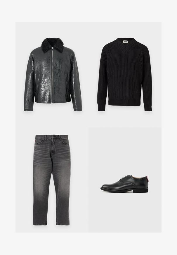 Sort faux læderjakke med en skinnende, struktureret overflade. Har en sort shearlingkrave og lynlås fortil. To sidelommer inkluderet.; Sort ribbet strikket sweater med V-hals og lange ærmer, præsenteret på en ensfarvet hvid baggrund.; Grå denimjeans med en lige pasform, der har fem lommer, lynlås samt diskrete slidmærker foran. Syning på kanten og mærkelogo-detalje.; Sort herresko i læder med snørebånd foran og rød træktab på hælen mod en ensfarvet baggrund.