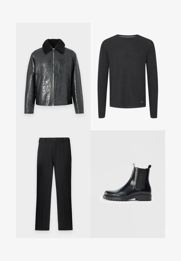 Chaqueta de cuero sintético negra con un acabado brillante y texturizado. Presenta un cuello de borrego negro y cierre frontal con cremallera. Incluye dos bolsillos laterales.; Suéter de manga larga gris oscuro con un diseño de canalé texturizado. Presenta un cuello redondo y una etiqueta en la esquina inferior derecha.; Pantalones negros con un diseño de pierna recta, cierre de botón y trabillas para cinturón, con una textura suave y sin patrones ni acentos visibles.; Botas Chelsea de cuero negro con paneles laterales elásticos, una pestaña de bucle para facilitar el uso y una suela de goma resistente con un agarre texturizado.