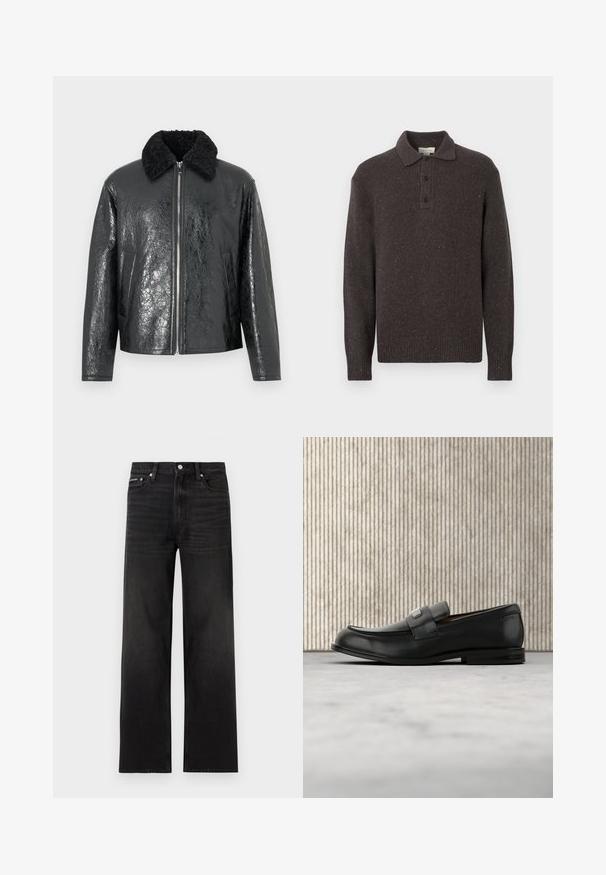 Sort faux læderjakke med en skinnende, struktureret overflade. Har en sort shearlingkrave og lynlås fortil. To sidelommer inkluderet.; Mørkebrun strikket pullover med krave, tre-knaps plade og ribstrikkede manchetter og kant. Har et tekstureret mønster med prikker.; Sorte jeans med lige ben, fem-lomme design, bæltestropper og knaplukning, vist på en hvid baggrund.; Sort læderloafer med metalbrandskilt hvilende nær et brunt rundt bord på beige tæppe.