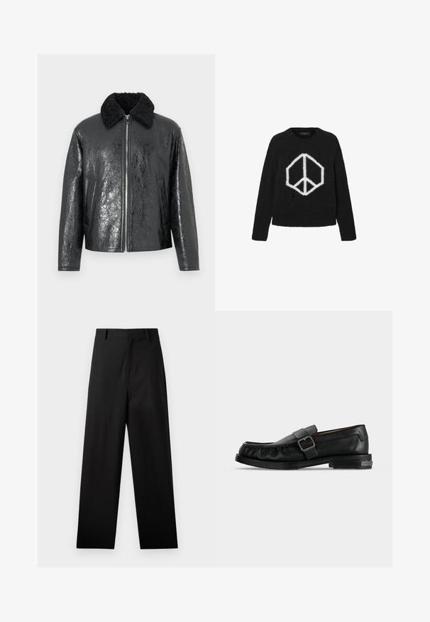 Chaqueta de cuero sintético negra con un acabado brillante y texturizado. Presenta un cuello de borrego negro y cierre frontal con cremallera. Incluye dos bolsillos laterales.; Suéter negro de punto con gráfico de signo de paz en blanco, escote redondo, mangas largas y detalles deshilachados en la tela.; Pantalones negros de algodón con un diseño de pierna recta, que cuentan con un cierre frontal de botón y bolsillos laterales. Textura lisa, sin patrones.; Mocasín negro de cuero con una correa de hebilla, detalles cosidos alrededor de la puntera y un tacón bajo con un detalle metálico.
