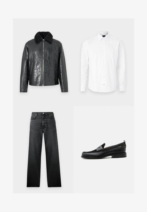 Chaqueta de cuero sintético negra con un acabado brillante y texturizado. Presenta un cuello de borrego negro y cierre frontal con cremallera. Incluye dos bolsillos laterales.; Camisa blanca de manga larga hecha de algodón. Presenta un cuello tipo button-down, cierre frontal con botones rosas y dobladillo curvado.; Jeans de mezclilla negros con un diseño de pierna recta, que cuentan con cinco bolsillos y un cierre de botón. La tela tiene un ligero brillo y una textura visible.; Mocasín de cuero negro con detalle de tira gris, tacón bajo y suela texturizada, con la marca "HUGO" en oro en el lateral.