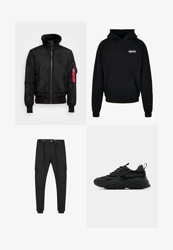 Schwarze Bomberjacke mit einem Kunstfellkragen, Reißverschluss, gerippten Bündchen und einem roten Stoffetikett am linken Arm. Glattes Material mit Struktur.; Schwarzer Hoodie aus weichem Material mit einer Kängurutasche und verstellbarem Kapuzenzug. Auf der Vorderseite befindet sich ein weißes Textlogo in stilisierter Schriftart.; Schwarze Cargo-Jogginghosen mit Kordelzugbund, Knopfverschluss, seitlichen Klappentaschen und elastischen Bündchen.; Schwarze Sportschuhe mit einer dicken Sohle, Mesh-Einsätzen und Gummidetails. Verfügen über eine Zuglasche an der Ferse und strukturierte Muster.