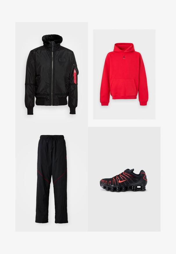 Chaqueta bomber negra con un cuello de pelaje sintético, cierre de cremallera, puños acanalados y una etiqueta de tela roja en el brazo izquierdo. Material suave con textura.; Sudadera roja con capucha, bolsillo delantero y logo negro de Jumpman Air centrado en el pecho, mostrado sobre un fondo gris claro.; Pantalones deportivos negros con un acabado texturizado, con cintura ajustable con cordón, líneas de acento rojas y un corte holgado.; Zapatos deportivos negros con detalles en rojo, que cuentan con una parte superior de malla texturizada, un diseño ondulado único y una suela moldeada y acolchada.