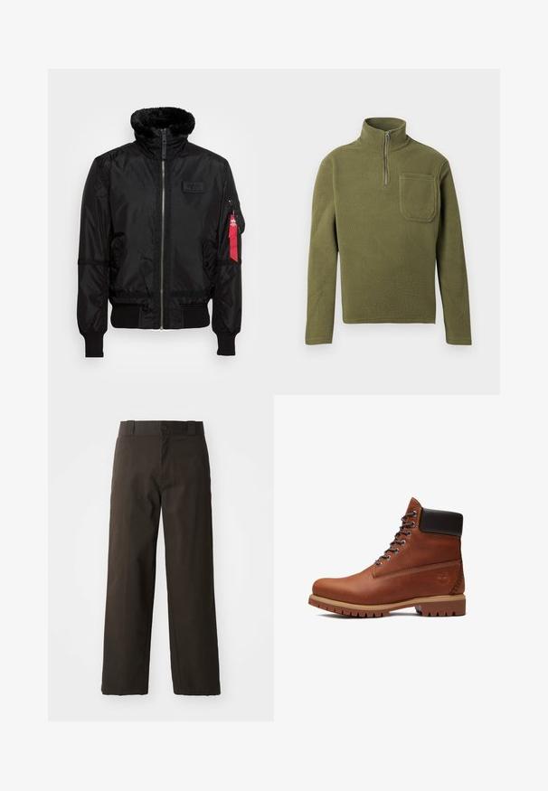 Schwarze Bomberjacke mit einem Kunstfellkragen, Reißverschluss, gerippten Bündchen und einem roten Stoffetikett am linken Arm. Glattes Material mit Struktur.; Olivgrüner Fleece-Pullover mit halbseitigem Reißverschlusskragen, langen Ärmeln und einer Brusttasche. Weiche Textur mit strapazierfähigem Design.; Schwarze Baumwollhosen mit geradem Bein, ausgestattet mit einem Knopfverschluss und einem klassischen Bund. Glatte Textur, keine Muster oder Akzente.; Brauner Leder-Schnürstiefel mit schwarzem, gepolstertem Kragen, dicker hellbrauner Sohle und geprägtem Baum-Logo an der Fersenseite.