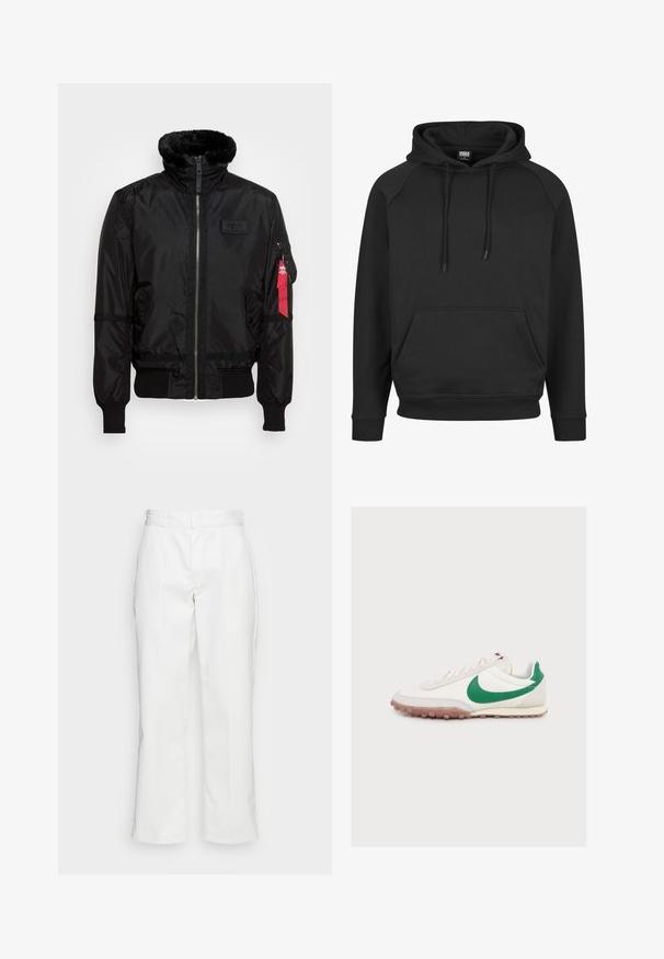 Chaqueta bomber negra con un cuello de pelaje sintético, cierre de cremallera, puños acanalados y una etiqueta de tela roja en el brazo izquierdo. Material suave con textura.; Sudadera negra con capucha, bolsillo tipo canguro, puños y dobladillo acanalados. Fabricada con tejido suave y con cordones en la capucha. Diseño casual.; Pantalones de algodón blancos con un diseño de pierna recta, presillas para el cinturón y bolsillos laterales, con una textura suave y un detalle mínimo.; Zapatilla blanca de corte bajo con el logo verde de Nike swoosh, cordones blancos y suela de goma translúcida, vista de perfil sobre fondo liso.