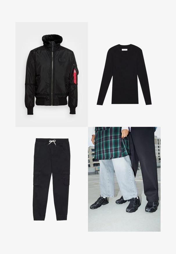 Sorte bomberjakke med et kunstpelskrave, lynlås lukning, ribbede manchetter og et rødt stofmærke på venstre arm. Glat materiale med struktur.; Pier One by Zalando MUSCLE FIT KNITJUMPER - Striktrøje - black; Sorte cargobukser lavet af bomuld, med en elastisk talje med snøre, sidelommer og tætsiddende ankler.; Sorte atletik sko med mesh- og gummidetaljer. Båret med lysegrå vide jeans og en ternet grøn bluse. Flad overflade i baggrunden.